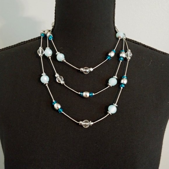 WHBM 60 inch SIlvertone Necklace with Silver, Blue and Clear Beads - Picture 1 of 8